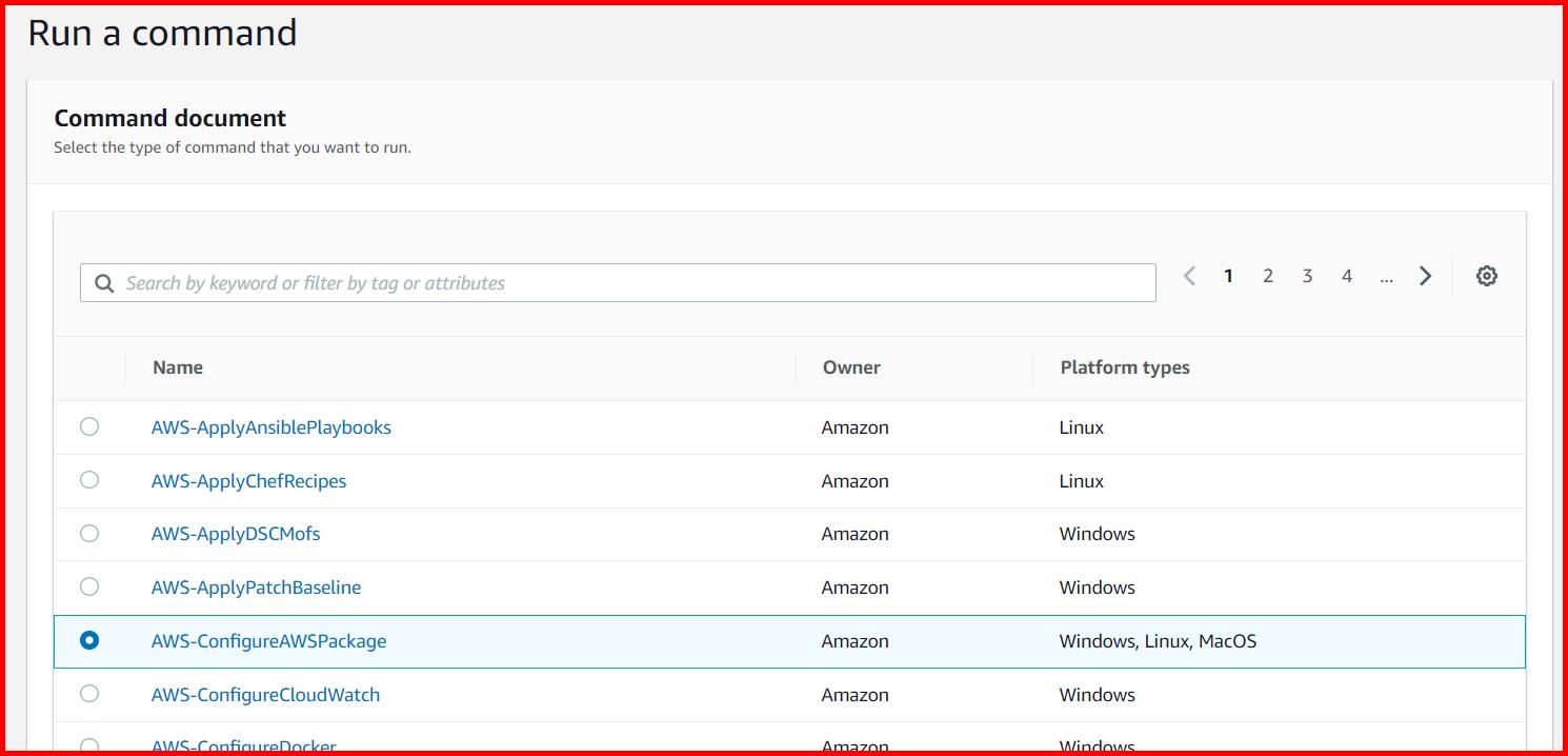 Picture showing running the AWS-ConfigurePackage command in the system manager